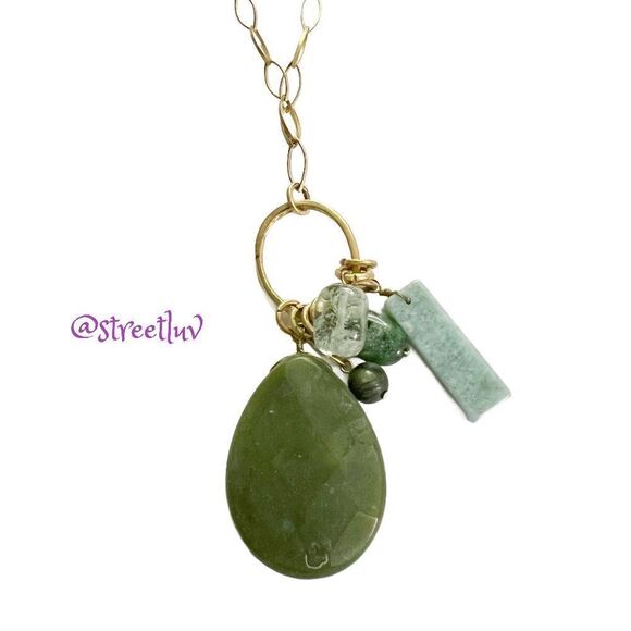 stella & dot ~ green stones multi pendant charm necklace ~ long gold tone chain